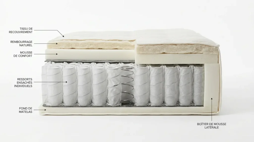 coupe latérale d'un matelas avec ressort ensachés