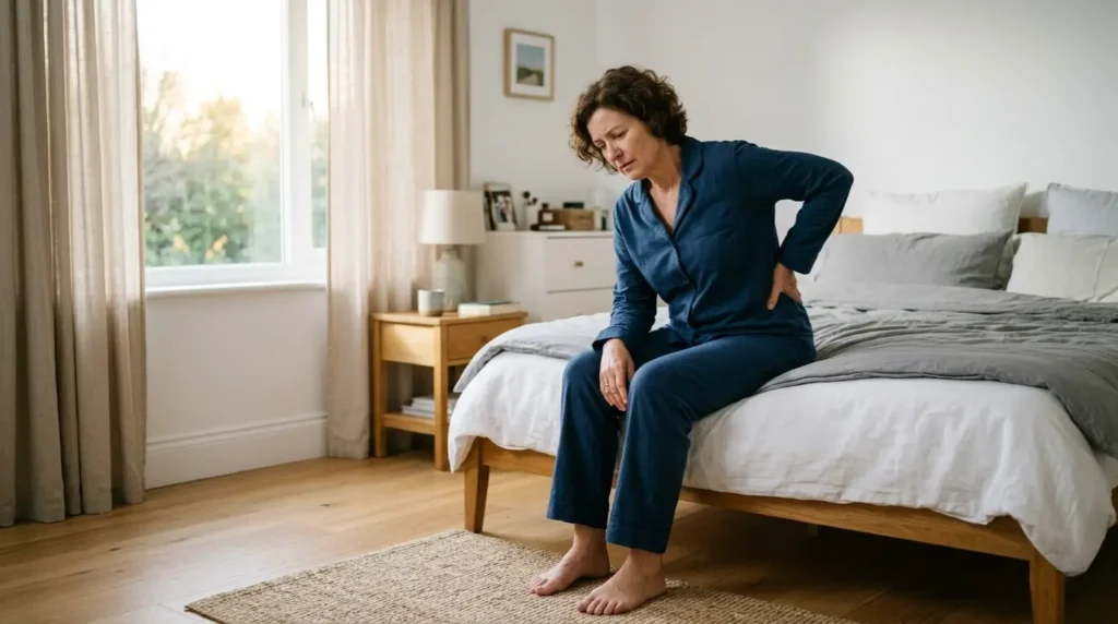 femme assise sur un rebord de lit avec une sciatique