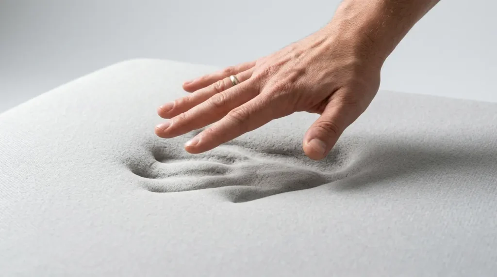 main s'enfonçant dans une surface à mémoire de forme