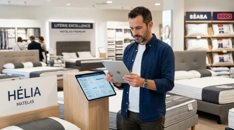 client lisant la fiche produit d'un matelas sur une tablette