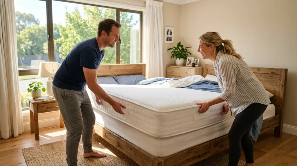 couple en train de retourner leur matelas