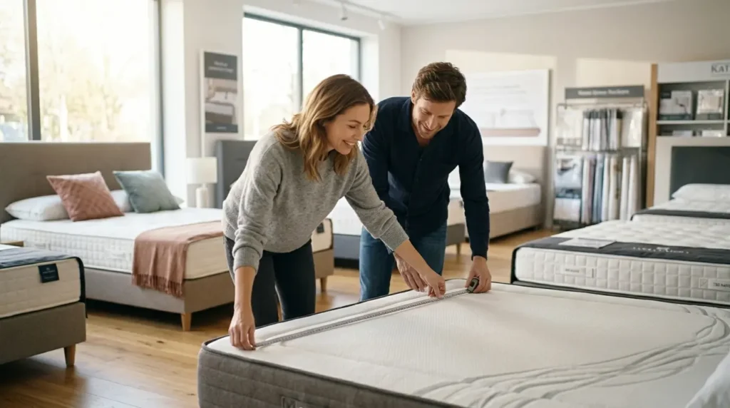 couple mesurant la largeur d'un matelas 2 places