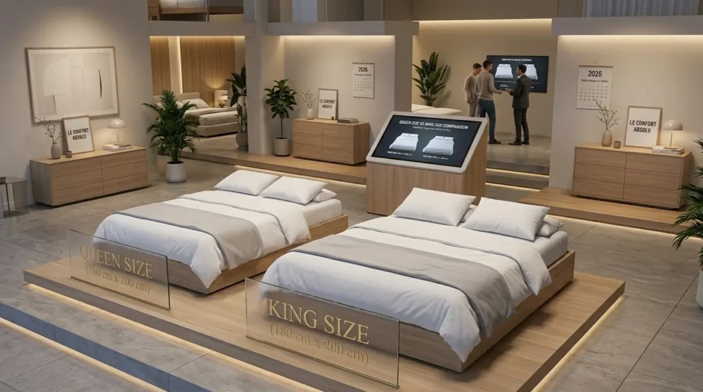exposition de matelas de taille king size et queen size dans un magasin