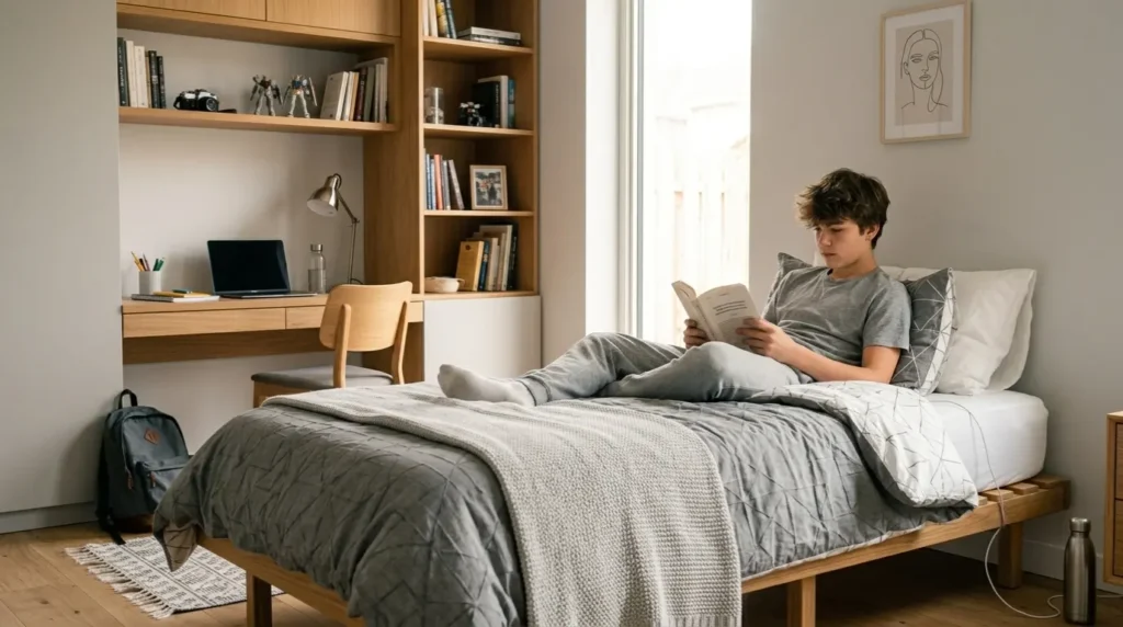 jeune adolescent lisant sur son lit 1 place
