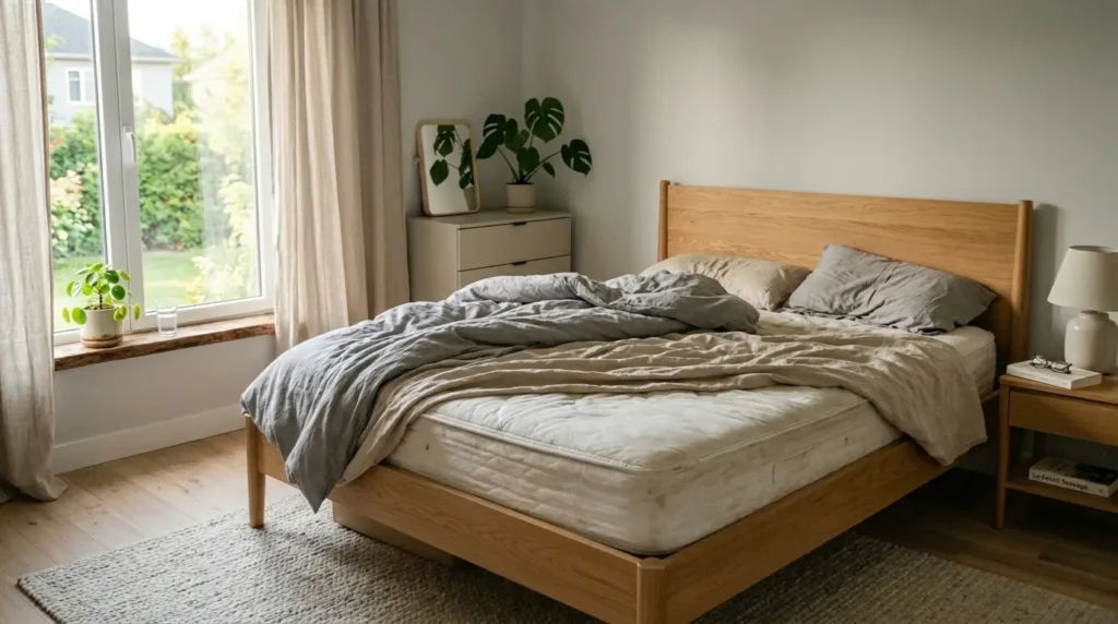 lit défait avec très vieux matelas