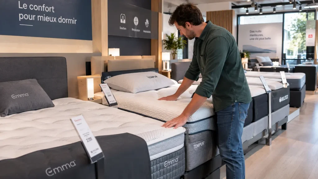 comparaison de matelas dans un magasin