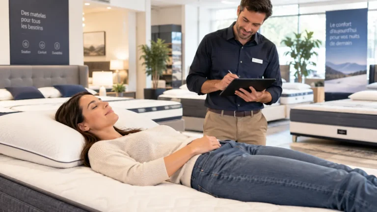 femme testant un matelas en magasin