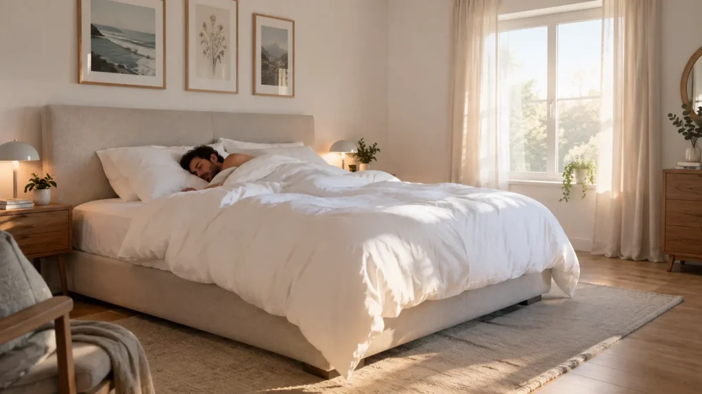 homme dormant dans son lit de la compagnie du lit